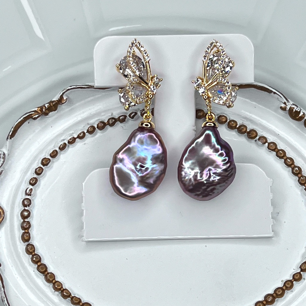 Handmade Freshwater Keshi Pearl Butterfly Earrings Gold Plated S925 Ss Posts
